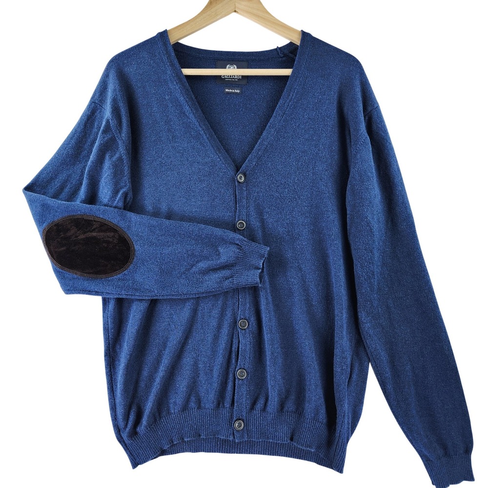 Gagliardi Cardigan Sweater Men L Cotton Cashmere Blue Elbow Patch Made in Italy